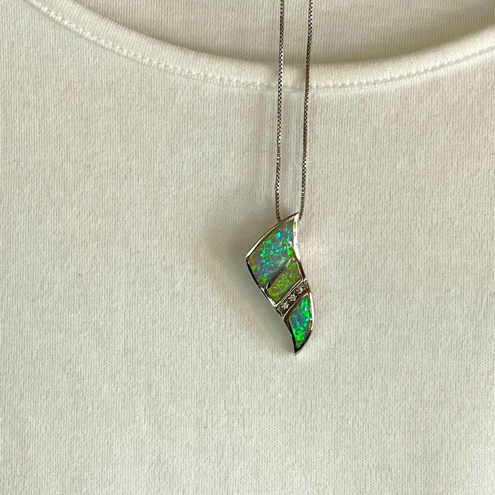 Beautiful 925 opal necklace & earring set w/czs vintage 80s - Picture 3 of 11